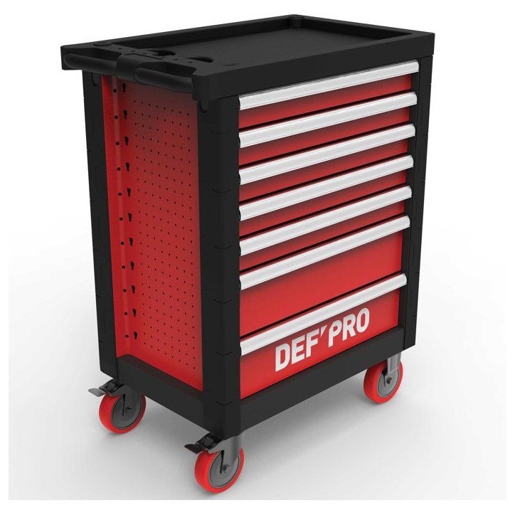 Servante d'atelier 7 tiroirs + 283 outils - Defpro - Noir/rouge - Charge 300 kg - Roues freinées