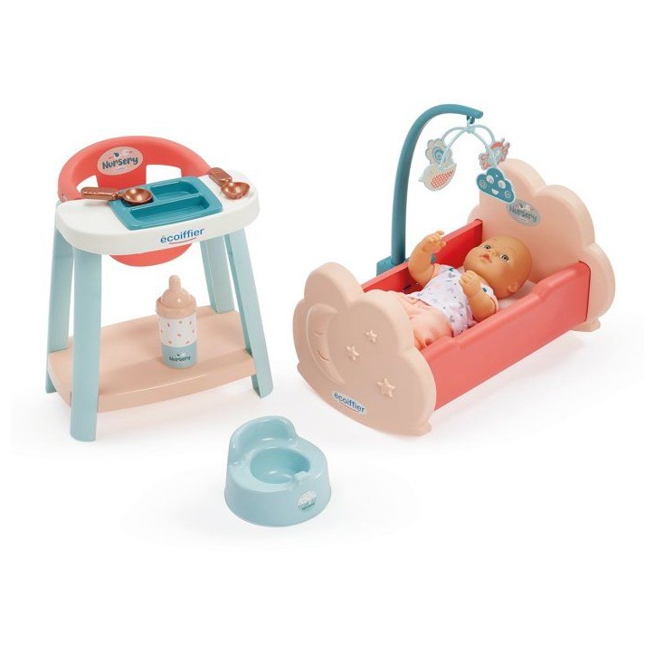 ECOIFFIER Nursery 1833 - Lit + Chaise Haute + Poupon - 18 mois - Pour Un Bébé Bien Nourri Et Reposé ECOIFFIER Nursery 1833 - Lit + Chaise Haute + Poupon - 18 mois - Pour Un Bébé Bien Nourri Et Reposé