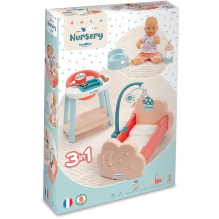 ECOIFFIER Nursery 1833 - Lit + Chaise Haute + Poupon - 18 mois - Pour Un Bébé Bien Nourri Et Reposé