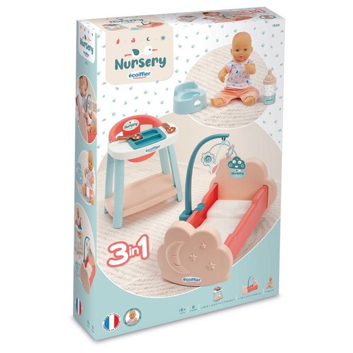 ECOIFFIER Nursery 1833 - Lit + Chaise Haute + Poupon - 18 mois - Pour Un Bébé Bien Nourri Et Reposé ECOIFFIER Nursery 1833 - Lit + Chaise Haute + Poupon - 18 mois - Pour Un Bébé Bien Nourri Et Reposé