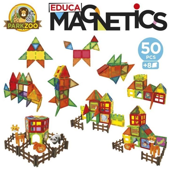 Magnetics Parc Zoo - Jeu de construction - EDUCA - 50 pieces magnétiques, 4 animaux, 8 cartes - Des 3 ans