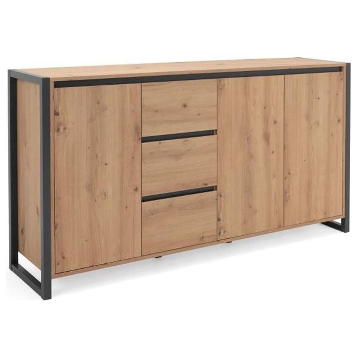 DENVER Buffet 3 portes 3 tiroirs - Décor chene artisan / Anthracite - L 160 x P 40 x H 88 cm