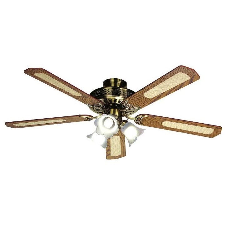 Ventilateur de plafond réversible FARELEK BALEARES - Ø 132 cm, 5 pales noyer / cannées + éclairage 3 tulipes 60 W E27 Ventilateur de plafond réversible FARELEK BALEARES - Ø 132 cm, 5 pales noyer / cannées + éclairage 3 tulipes 60 W E27