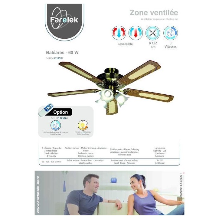 Ventilateur de plafond réversible FARELEK BALEARES - Ø 132 cm, 5 pales noyer / cannées + éclairage 3 tulipes 60 W E27 Ventilateur de plafond réversible FARELEK BALEARES - Ø 132 cm, 5 pales noyer / cannées + éclairage 3 tulipes 60 W E27
