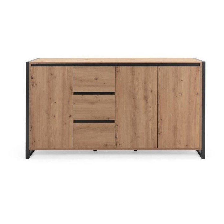 DENVER Buffet 3 portes 3 tiroirs - Décor chene artisan / Anthracite - L 160 x P 40 x H 88 cm