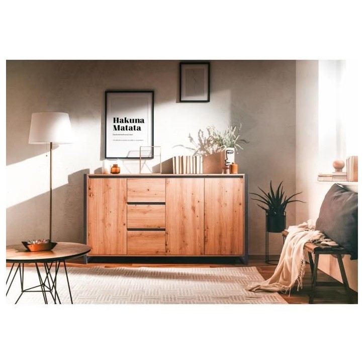 DENVER Buffet 3 portes 3 tiroirs - Décor chene artisan / Anthracite - L 160 x P 40 x H 88 cm