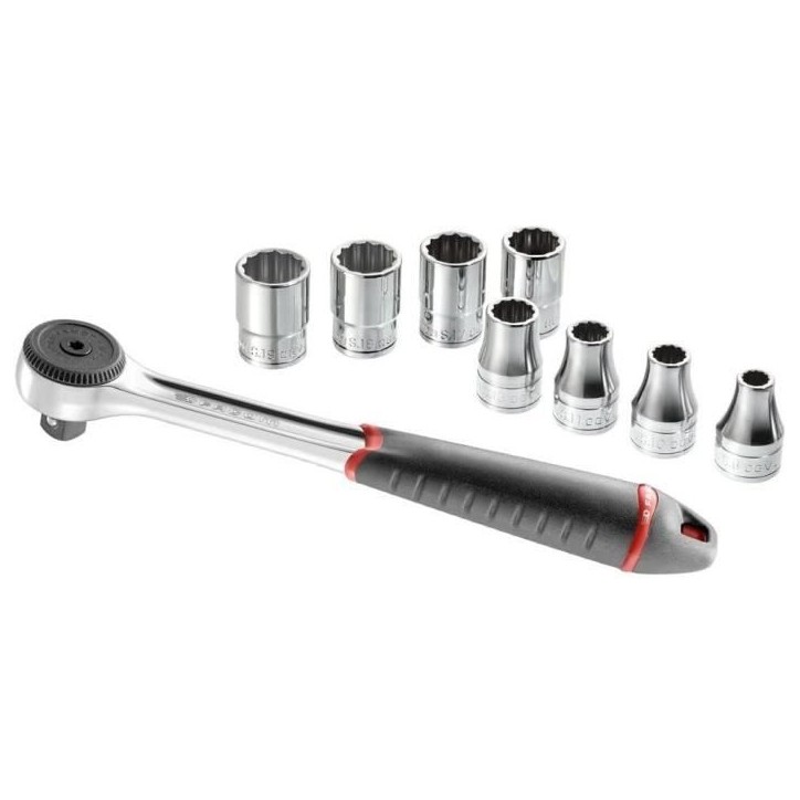 Composition de serrage 1/2 9 outils FACOM - S.4JE9PB - Ouvertures de 8 a 19 mm - Cliquet 5° - 8 douilles 12 pans