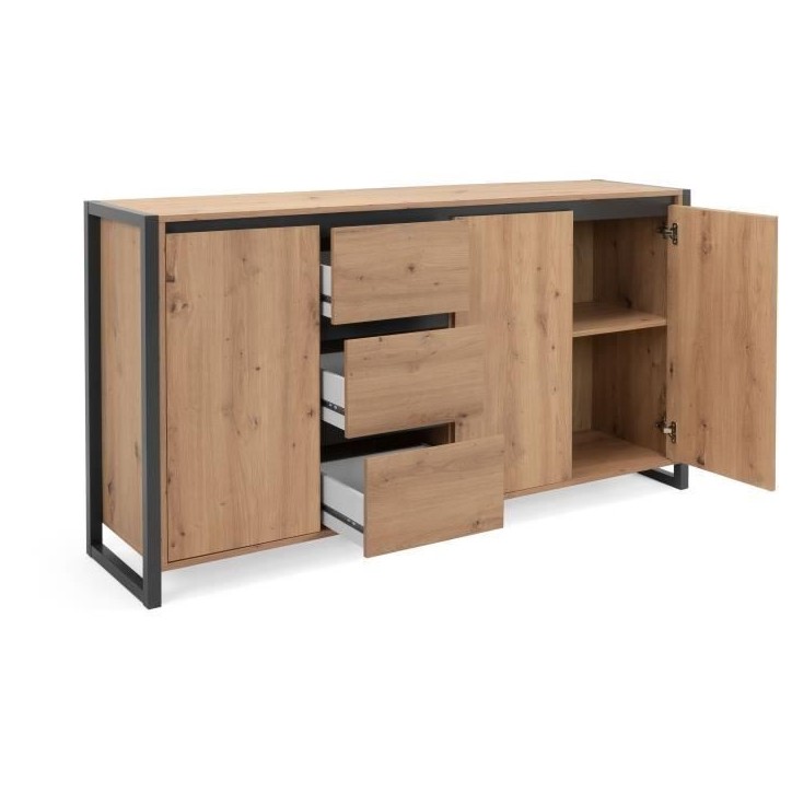 DENVER Buffet 3 portes 3 tiroirs - Décor chene artisan / Anthracite - L 160 x P 40 x H 88 cm