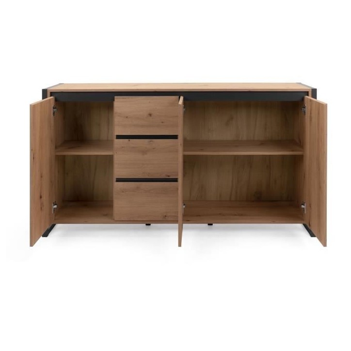DENVER Buffet 3 portes 3 tiroirs - Décor chene artisan / Anthracite - L 160 x P 40 x H 88 cm