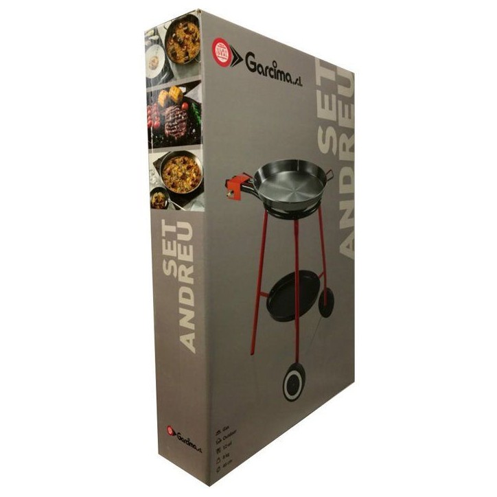 Set paella - GARCIMA - Andreu - Plat poli Ø 46 cm - 12 parts / Réchaud 40 cm - 11,40 kw - 3 pieds plateau roulettes Set paella - GARCIMA - Andreu - Plat poli Ø 46 cm - 12 parts / Réchaud 40 cm - 11,40 kw - 3 pieds plateau roulettes