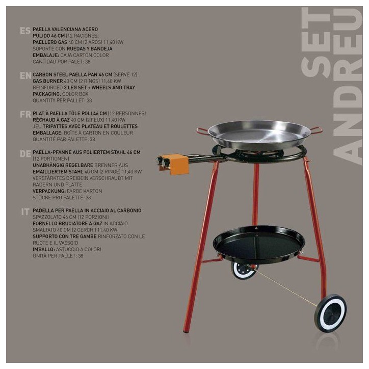 Set paella - GARCIMA - Andreu - Plat poli Ø 46 cm - 12 parts / Réchaud 40 cm - 11,40 kw - 3 pieds plateau roulettes Set paella - GARCIMA - Andreu - Plat poli Ø 46 cm - 12 parts / Réchaud 40 cm - 11,40 kw - 3 pieds plateau roulettes