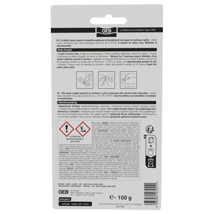 Mastic epoxy 2 bâtons - GEB - Réparation multi matériaux - 100 g Mastic epoxy 2 bâtons - GEB - Réparation multi matériaux - 100 g