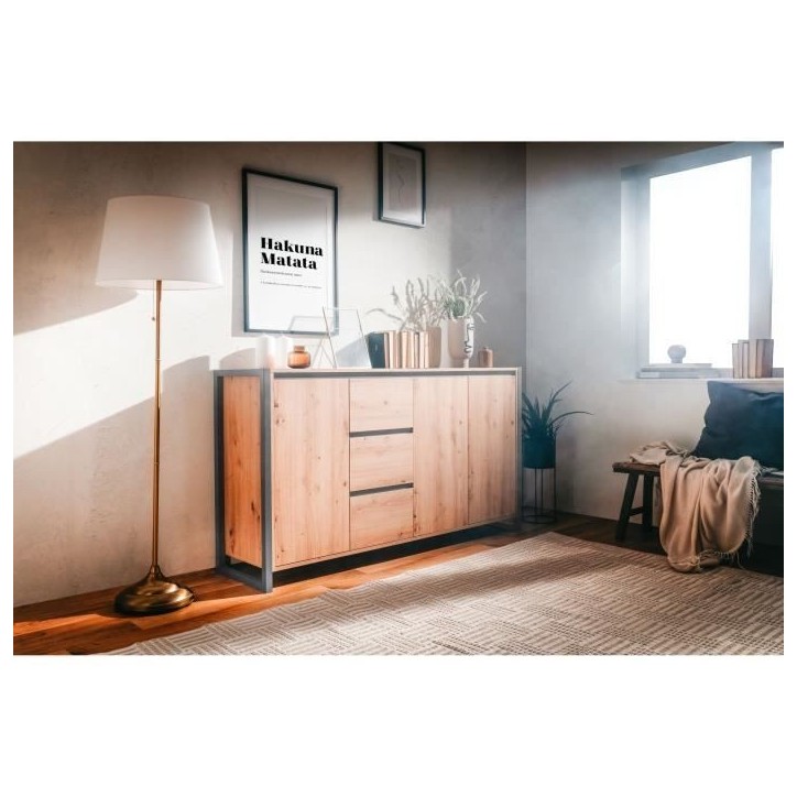 DENVER Buffet 3 portes 3 tiroirs - Décor chene artisan / Anthracite - L 160 x P 40 x H 88 cm