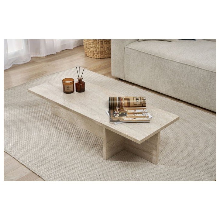 Table basse - HARBOR - Travertine - Rectangulaire - Panneaux mélaminés - Travertin - Style moderne - Sur pieds - 120x45x30 cm