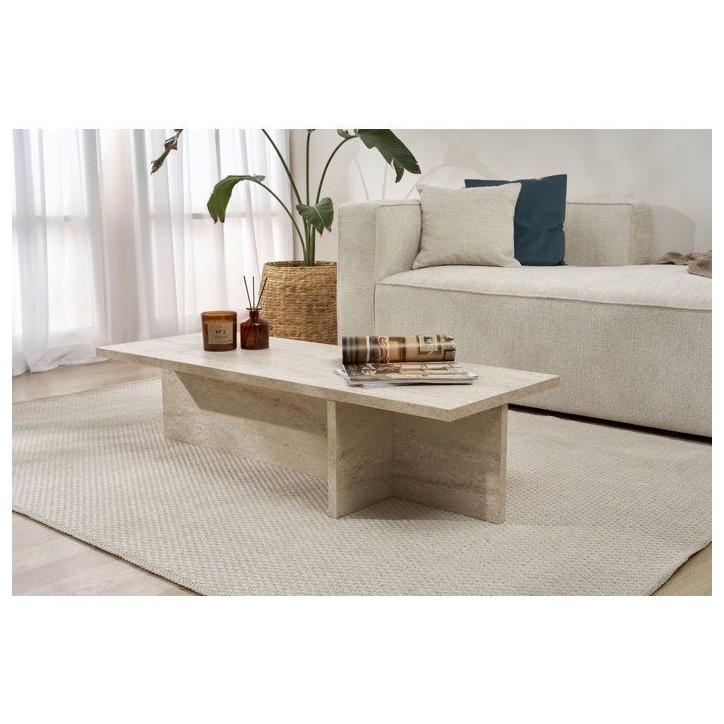 Table basse - HARBOR - Travertine - Rectangulaire - Panneaux mélaminés - Travertin - Style moderne - Sur pieds - 120x45x30 cm