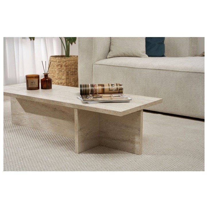 Table basse - HARBOR - Travertine - Rectangulaire - Panneaux mélaminés - Travertin - Style moderne - Sur pieds - 120x45x30 cm