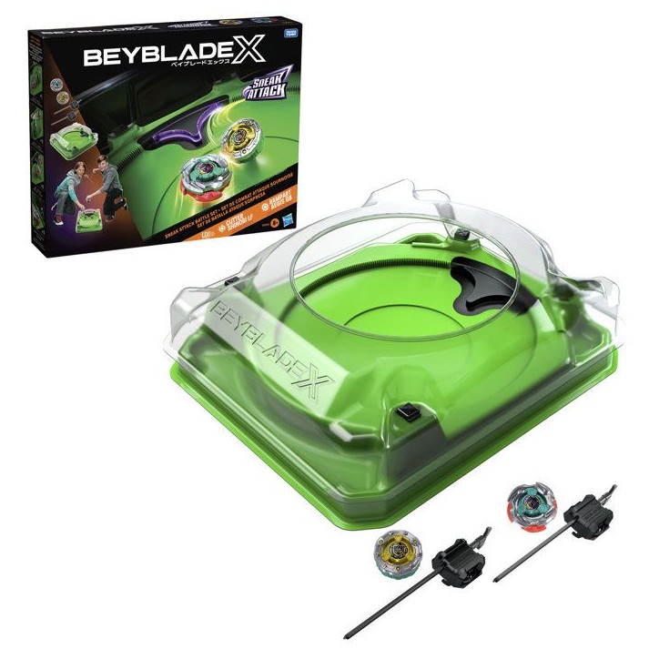 Beyblade X Set de combat Attaque sournoise avec arene Beystadium, 2 toupies de compétition a rotation droite, 2 lanceurs, des Beyblade X Set de combat Attaque sournoise avec arene Beystadium, 2 toupies de compétition a rotation droite, 2 lanceurs, des