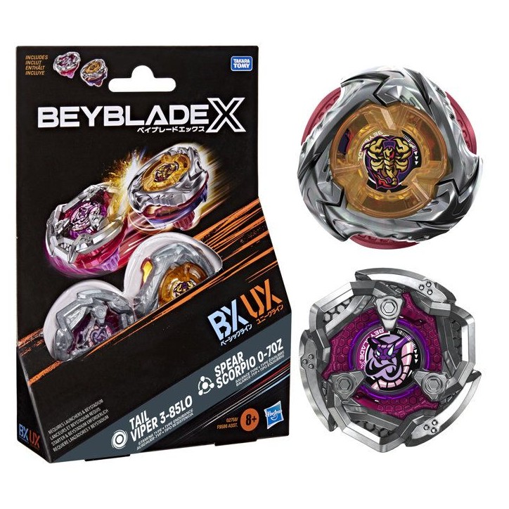 Beyblade X Dual Pack Spear Scorpio 0-70Z UX et Tail Viper 3-85LO BX, 2 toupies de combat Takara Tomy a rotation droite, des 8 Beyblade X Dual Pack Spear Scorpio 0-70Z UX et Tail Viper 3-85LO BX, 2 toupies de combat Takara Tomy a rotation droite, des 8