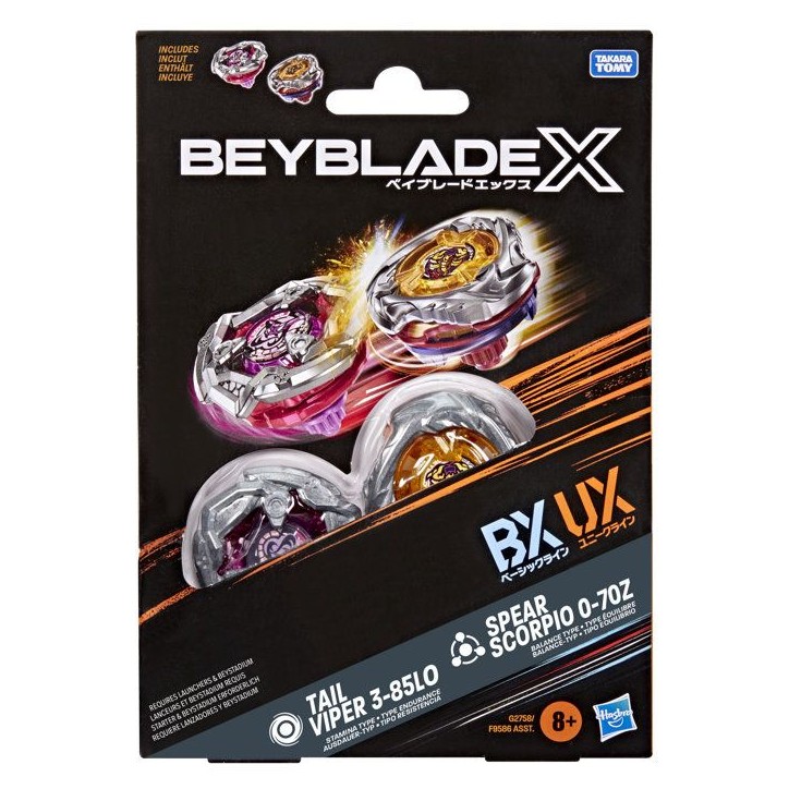 Beyblade X Dual Pack Spear Scorpio 0-70Z UX et Tail Viper 3-85LO BX, 2 toupies de combat Takara Tomy a rotation droite, des 8 Beyblade X Dual Pack Spear Scorpio 0-70Z UX et Tail Viper 3-85LO BX, 2 toupies de combat Takara Tomy a rotation droite, des 8