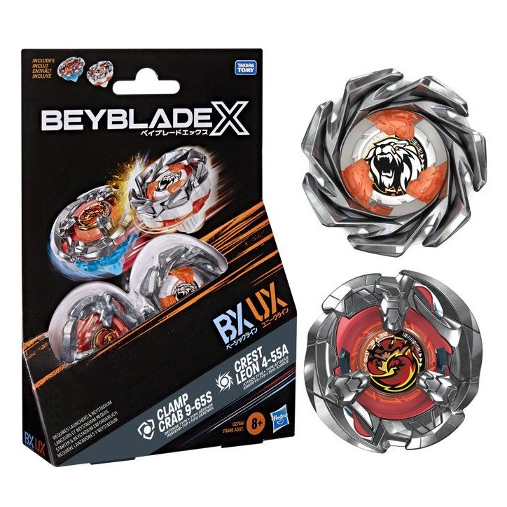 Beyblade X Dual Pack Clamp Crab 9-65S BX et Crest Leon 4-55A UX, 2 toupies de combat Takara Tomy a rotation droite, des 8 ans Beyblade X Dual Pack Clamp Crab 9-65S BX et Crest Leon 4-55A UX, 2 toupies de combat Takara Tomy a rotation droite, des 8 ans