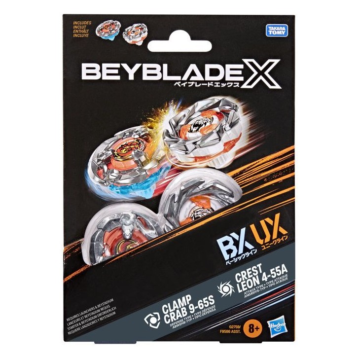 Beyblade X Dual Pack Clamp Crab 9-65S BX et Crest Leon 4-55A UX, 2 toupies de combat Takara Tomy a rotation droite, des 8 ans Beyblade X Dual Pack Clamp Crab 9-65S BX et Crest Leon 4-55A UX, 2 toupies de combat Takara Tomy a rotation droite, des 8 ans