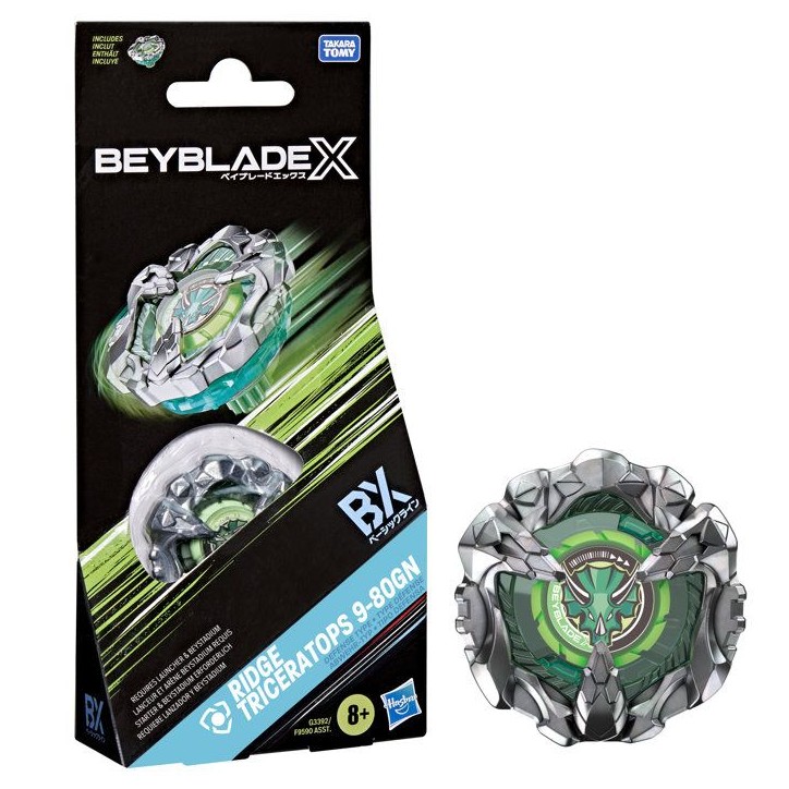 Beyblade X Ridge Triceratops 9-80GN Booster Pack avec toupie Takara Tomy type défense, Jouets toupies de combat, Des 8 ans