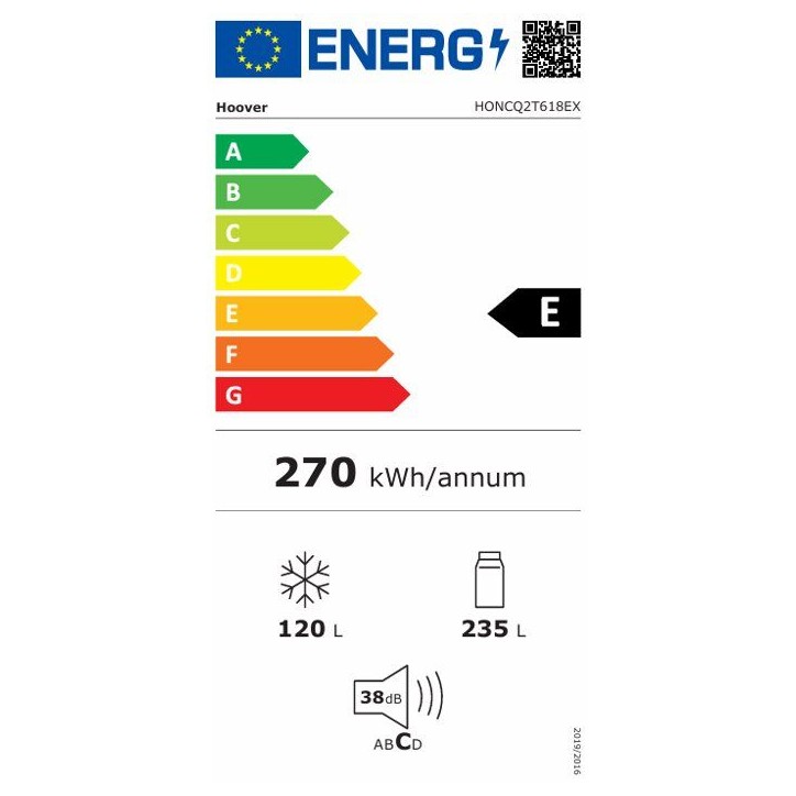 Réfrigérateur combiné - HOOVER HONCQ2T618EX - 355 L - Total No Frost - 38 dB - Inox