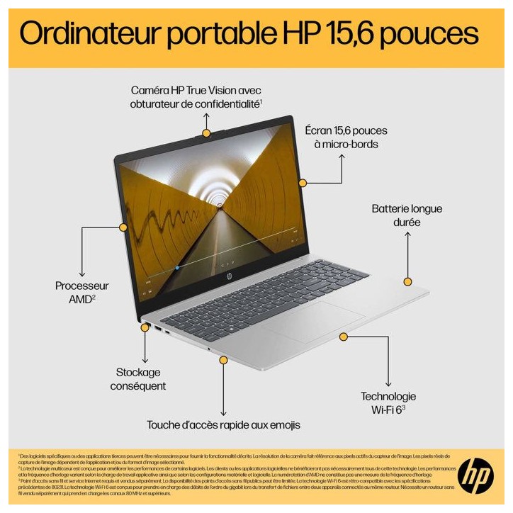 PC Portable HP 15-fc1000nfx - Sans Windows - 15,6 FHD - Ryzen 3 7320U - RAM 8Go - Stockage 512Go SSD - AZERTY PC Portable HP 15-fc1000nfx - Sans Windows - 15,6 FHD - Ryzen 3 7320U - RAM 8Go - Stockage 512Go SSD - AZERTY