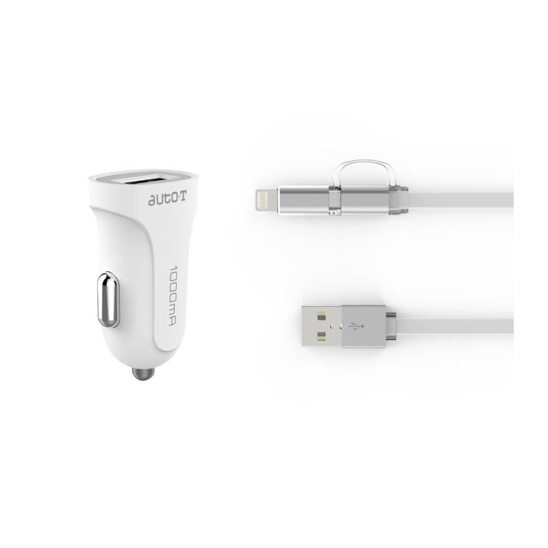 AUTO-T Kit chargeur 12/24V+câble 2en1 micro-USB/IPhone