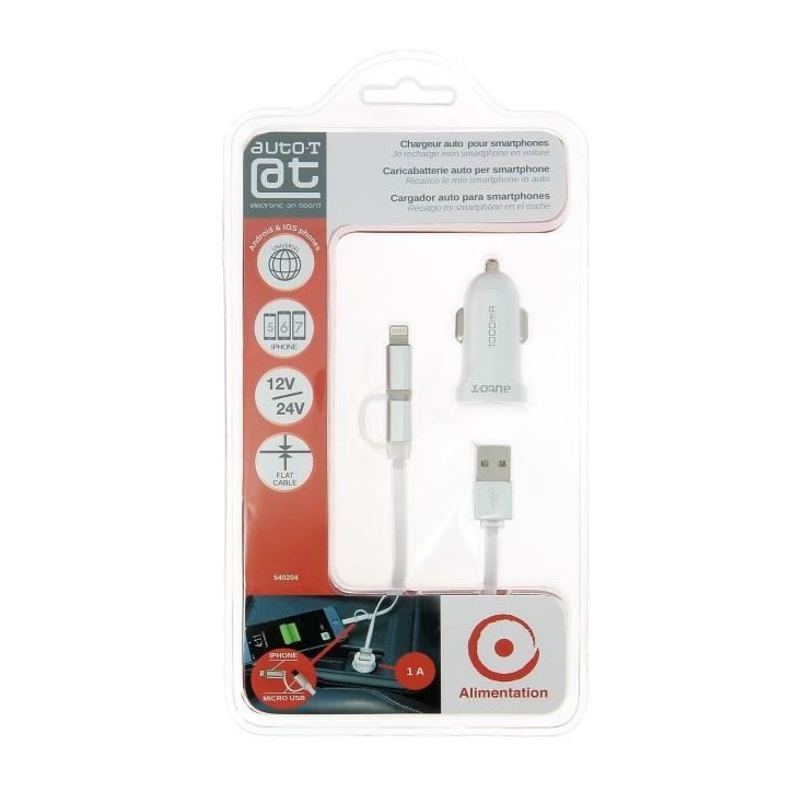 AUTO-T Kit chargeur 12/24V+câble 2en1 micro-USB/IPhone