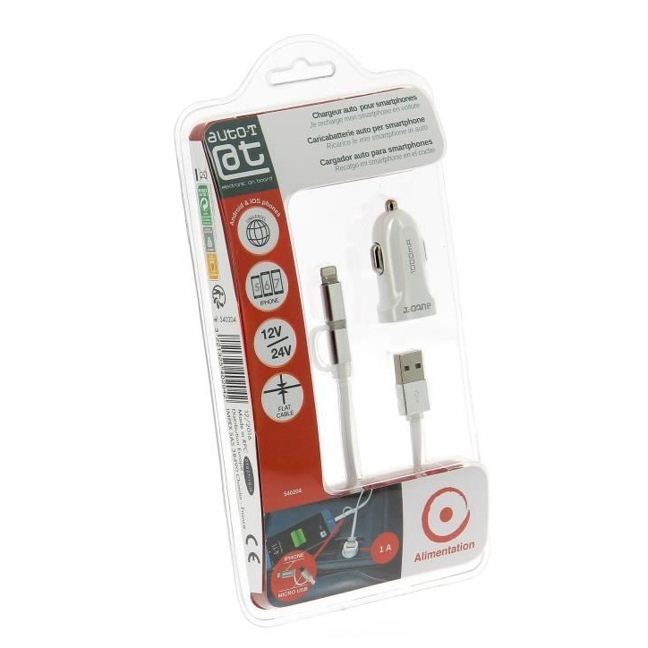 AUTO-T Kit chargeur 12/24V+câble 2en1 micro-USB/IPhone
