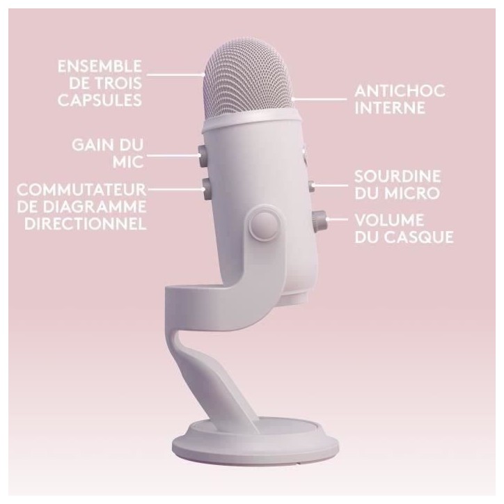 Microphone gamer - Filaire - Logitech G - Bleu Yeti - USB - Blanc Microphone gamer - Filaire - Logitech G - Bleu Yeti - USB - Blanc
