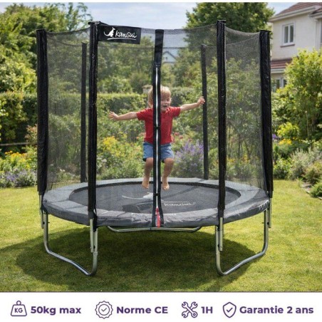 Trampoline KANGUI - GRIS Ø 180-183 cm – Enfant – Filet de sécurité – Certification CE & NF EN 71–14