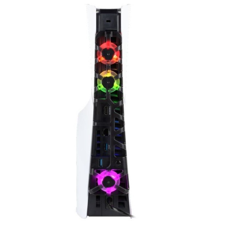 Ventilateur de refroidissement - KONIX - PS5 Slim - 21 x 68 x 40 cm - 3 vitesses - Éclairage LED RVB - Port USB 3.0 - Noir Ventilateur de refroidissement - KONIX - PS5 Slim - 21 x 68 x 40 cm - 3 vitesses - Éclairage LED RVB - Port USB 3.0 - Noir