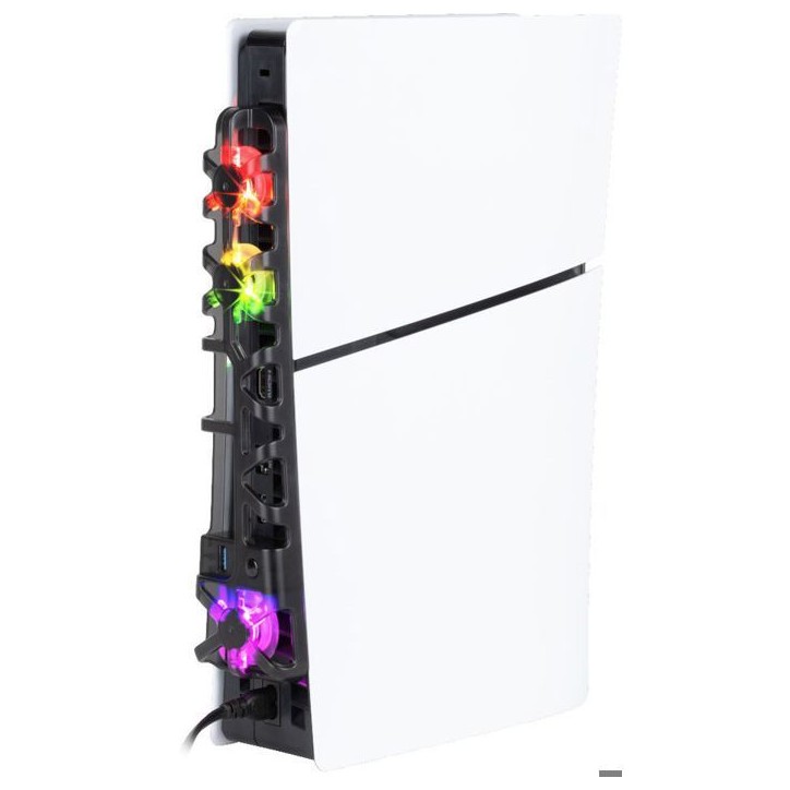 Ventilateur de refroidissement - KONIX - PS5 Slim - 21 x 68 x 40 cm - 3 vitesses - Éclairage LED RVB - Port USB 3.0 - Noir Ventilateur de refroidissement - KONIX - PS5 Slim - 21 x 68 x 40 cm - 3 vitesses - Éclairage LED RVB - Port USB 3.0 - Noir