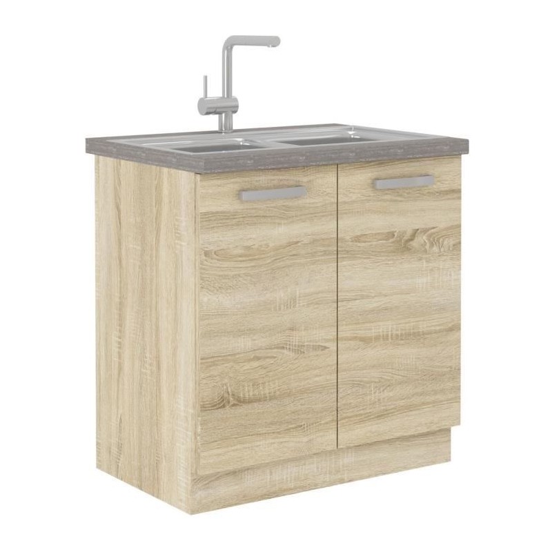 LASSEN Meuble bas de cuisine sous évier L 80 cm - Décor chene clair