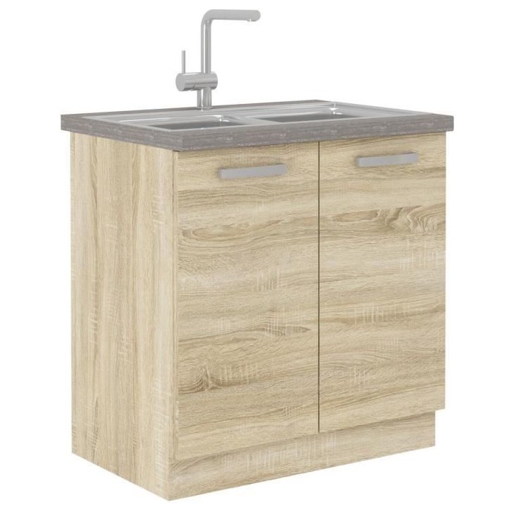 LASSEN Meuble bas de cuisine sous évier L 80 cm - Décor chene clair sonoma