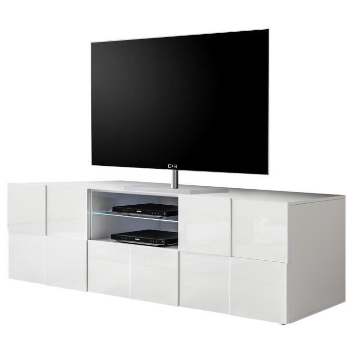 Meuble Tv - MILANO - 2 portes - 1 tiroir - Blanc laqué brillant - 181 x 42 x 56 cm