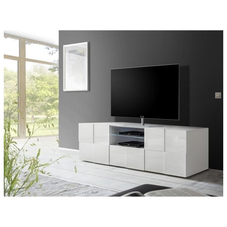 Meuble Tv - MILANO - 2 portes - 1 tiroir - Blanc laqué brillant - 181 x 42 x 56 cm