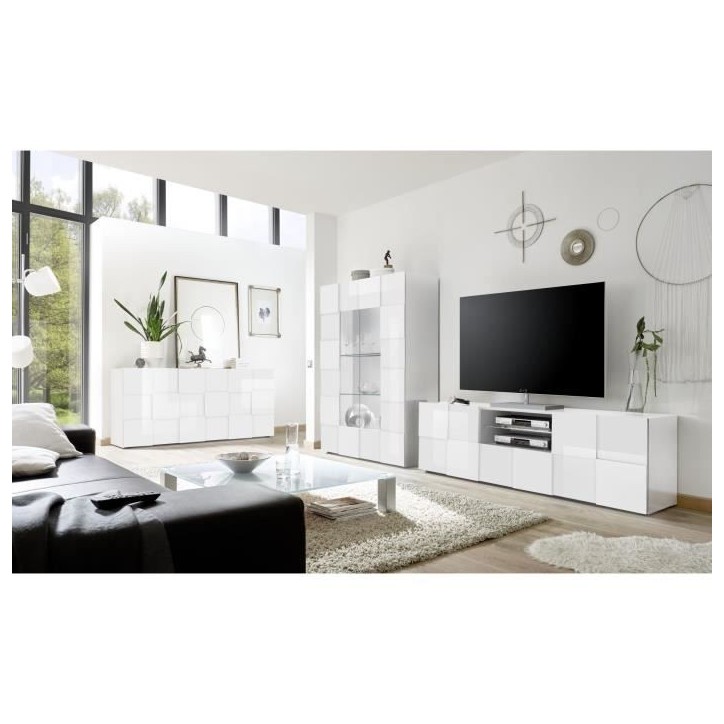 Meuble Tv - MILANO - 2 portes - 1 tiroir - Blanc laqué brillant - 181 x 42 x 56 cm