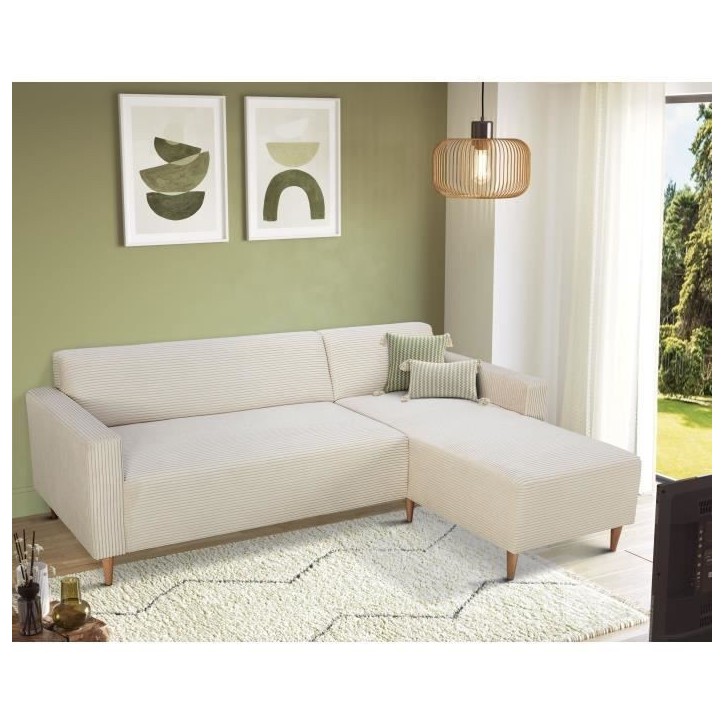 Canapé d'angle réversible - 3 places - BOB - Velours cotelé - Ecru - 197 x 138 x 65 cm Canapé d'angle réversible - 3 places - BOB - Velours cotelé - Ecru - 197 x 138 x 65 cm