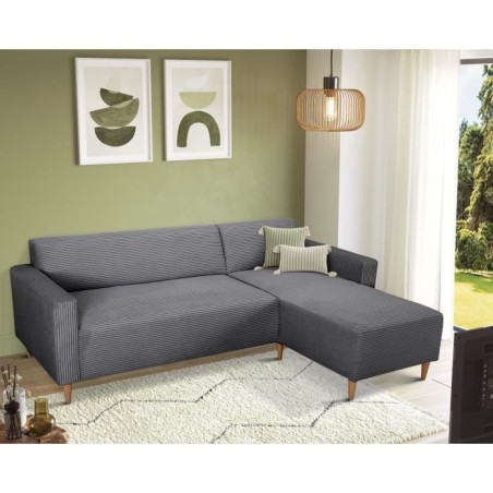 Canapé d'angle fixe réversible - 4 places - BOB - Velours cotelé Anthracite - 197 x 138 x 65 cm