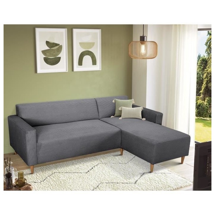 Canapé d'angle fixe réversible - 4 places - BOB - Velours cotelé Anthracite - 197 x 138 x 65 cm Canapé d'angle fixe réversible - 4 places - BOB - Velours cotelé Anthracite - 197 x 138 x 65 cm