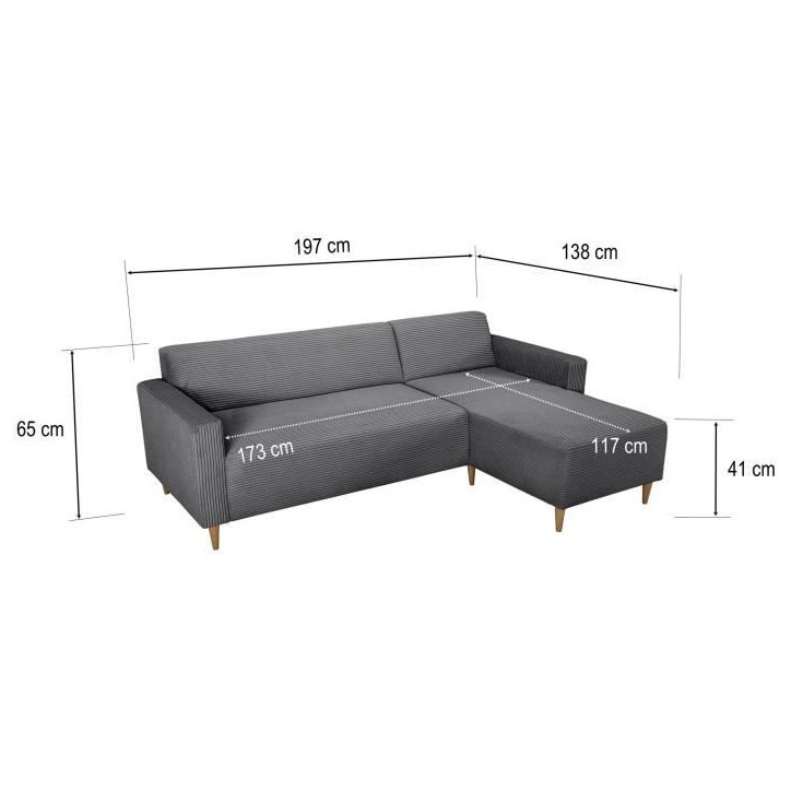 Canapé d'angle fixe réversible - 4 places - BOB - Velours cotelé Anthracite - 197 x 138 x 65 cm Canapé d'angle fixe réversible - 4 places - BOB - Velours cotelé Anthracite - 197 x 138 x 65 cm
