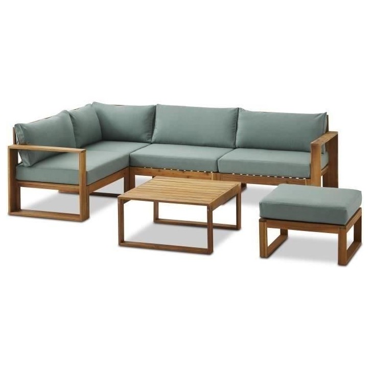 Salon de jardin d'angle modulable LEVATA OTTOMAN - Bois d'acacia FSC - 6 personnes - Bleu vert + Housse incluse