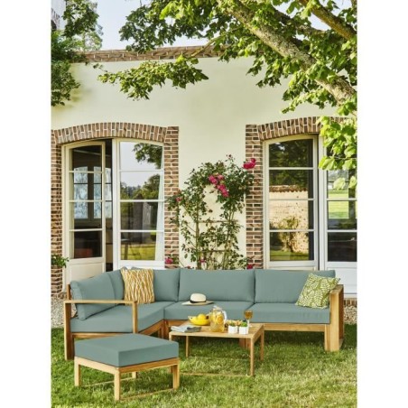 Salon de jardin d'angle modulable LEVATA OTTOMAN - Bois d'acacia FSC - 6 personnes - Bleu vert + Housse incluse