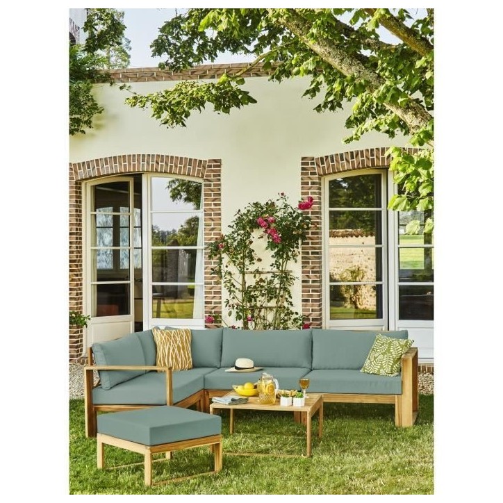Salon de jardin d'angle modulable LEVATA OTTOMAN - Bois d'acacia FSC - 6 personnes - Bleu vert + Housse incluse