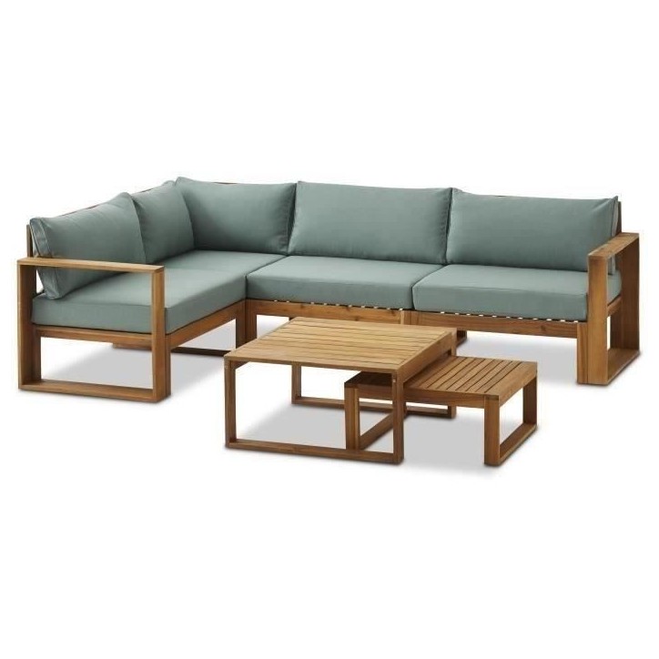 Salon de jardin d'angle modulable LEVATA OTTOMAN - Bois d'acacia FSC - 6 personnes - Bleu vert + Housse incluse