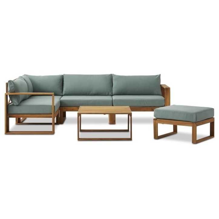 Salon de jardin d'angle modulable LEVATA OTTOMAN - Bois d'acacia FSC - 6 personnes - Bleu vert + Housse incluse