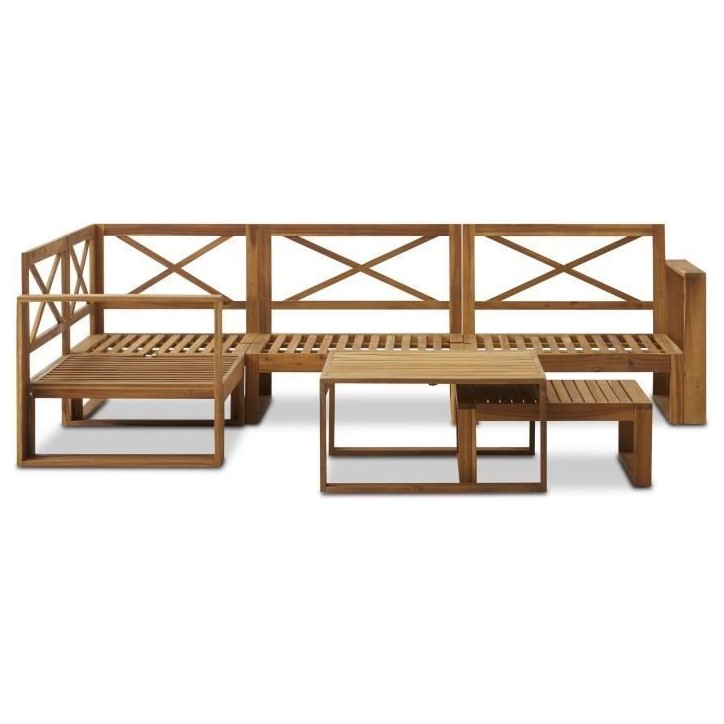 Salon de jardin d'angle modulable LEVATA OTTOMAN - Bois d'acacia FSC - 6 personnes - Bleu vert + Housse incluse